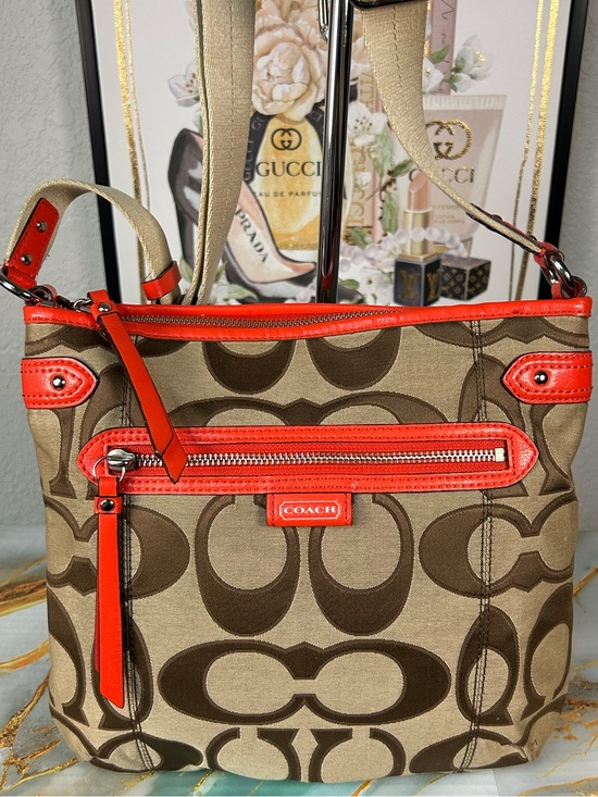 Coach Handbags - COACH 2013 Daisy Signature File Crossbody Bag in Khaki & Coral 😍🧡